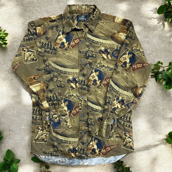 Red Head Vintage University Football AOP Button Front Shirt Brown Mens Size M - Picture 1 of 8